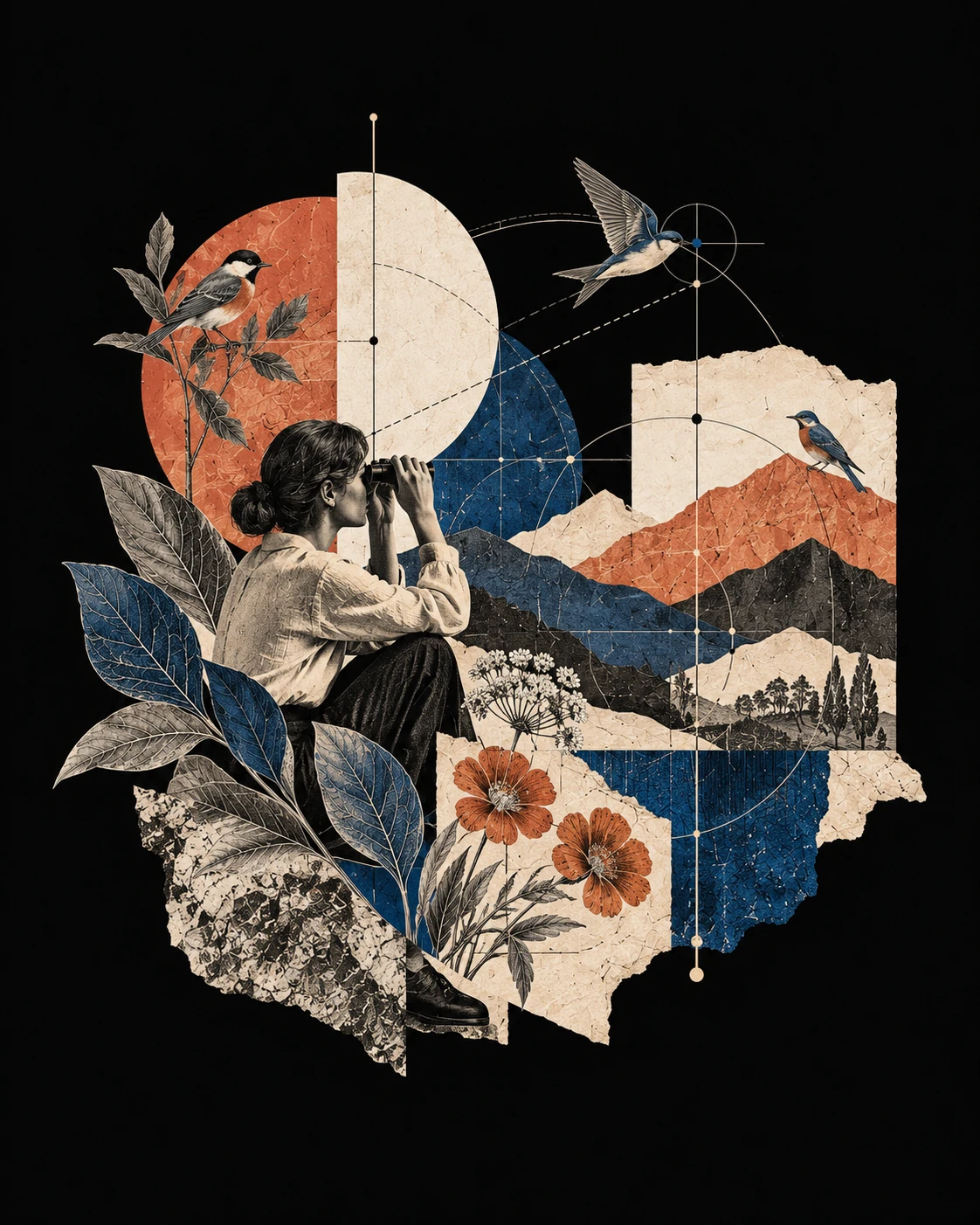 Editorial collage of a researcher observing birds and botanical specimens through binoculars.